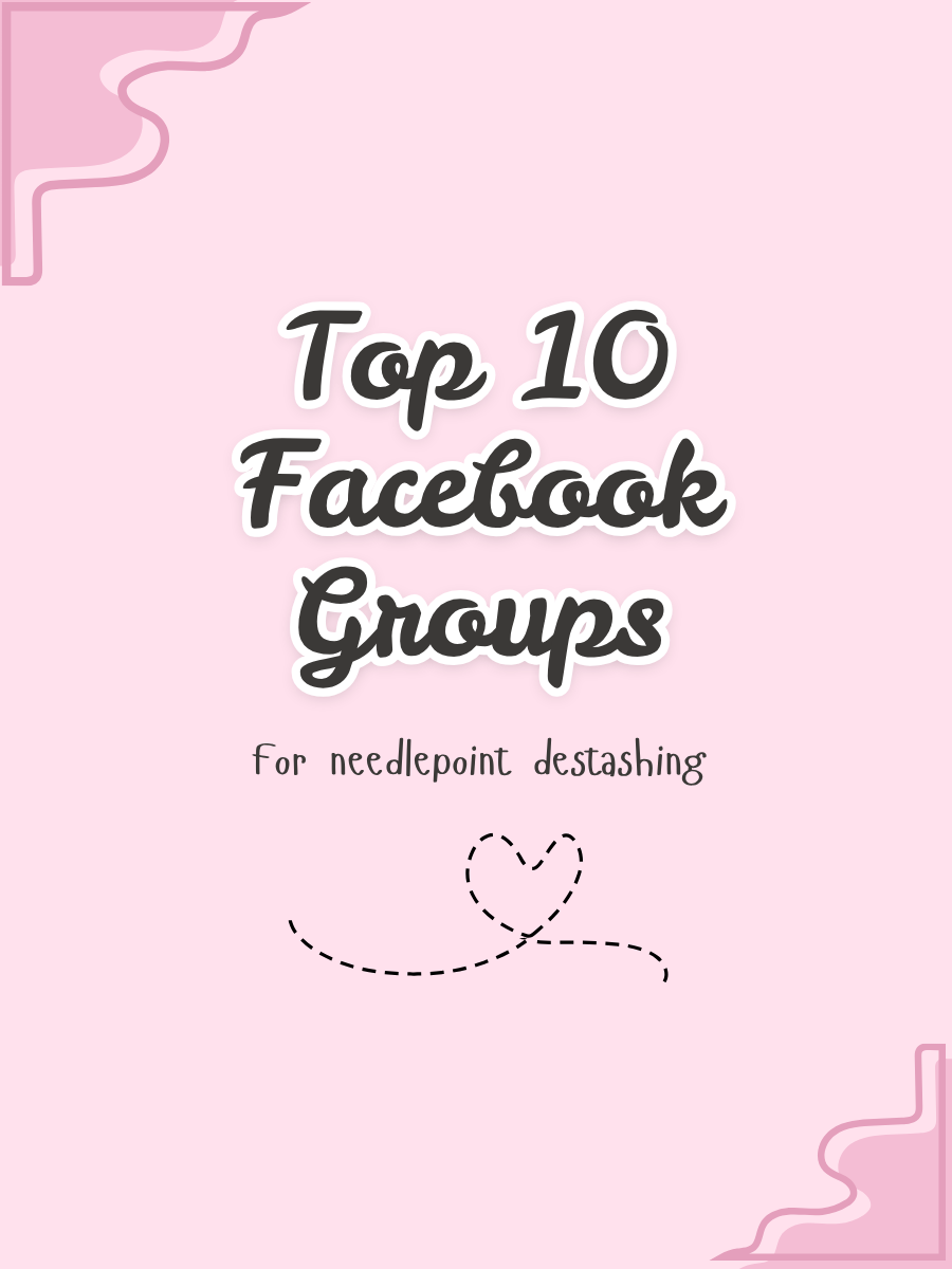 pink box with text explaining best facebook groups for needlepoint destashing