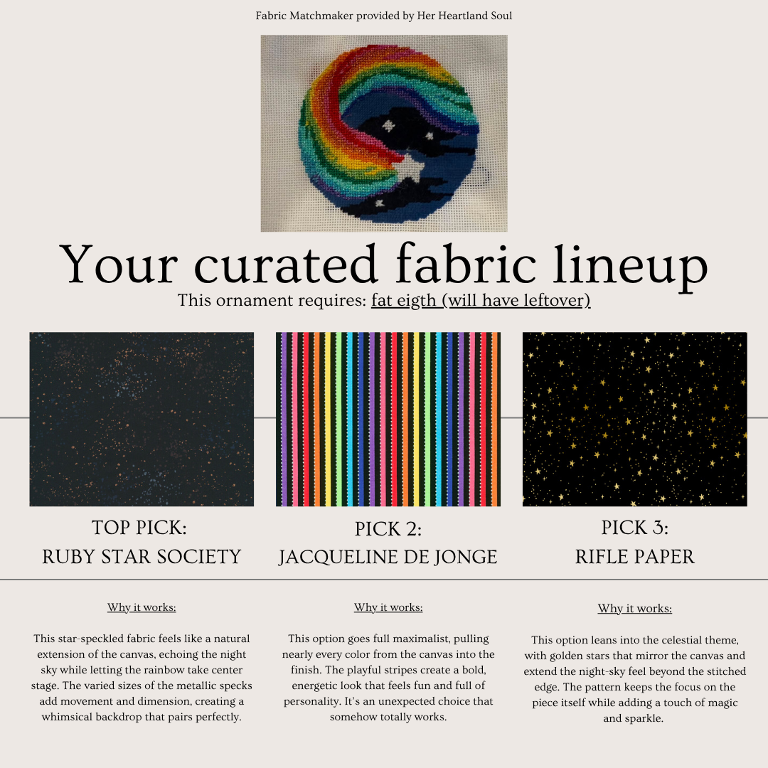 A promotional graphic for a fabric lineup titled 'Your curated fabric lineup' with a small sample photo of a colorful spiral fabric at the top and three fabric swatch options below: 'Top Pick: Ruby Star Society,' 'Pick 2: Jacqueline De Jonge,' and 'Pick 3: Rifle Paper,' each with descriptive text.