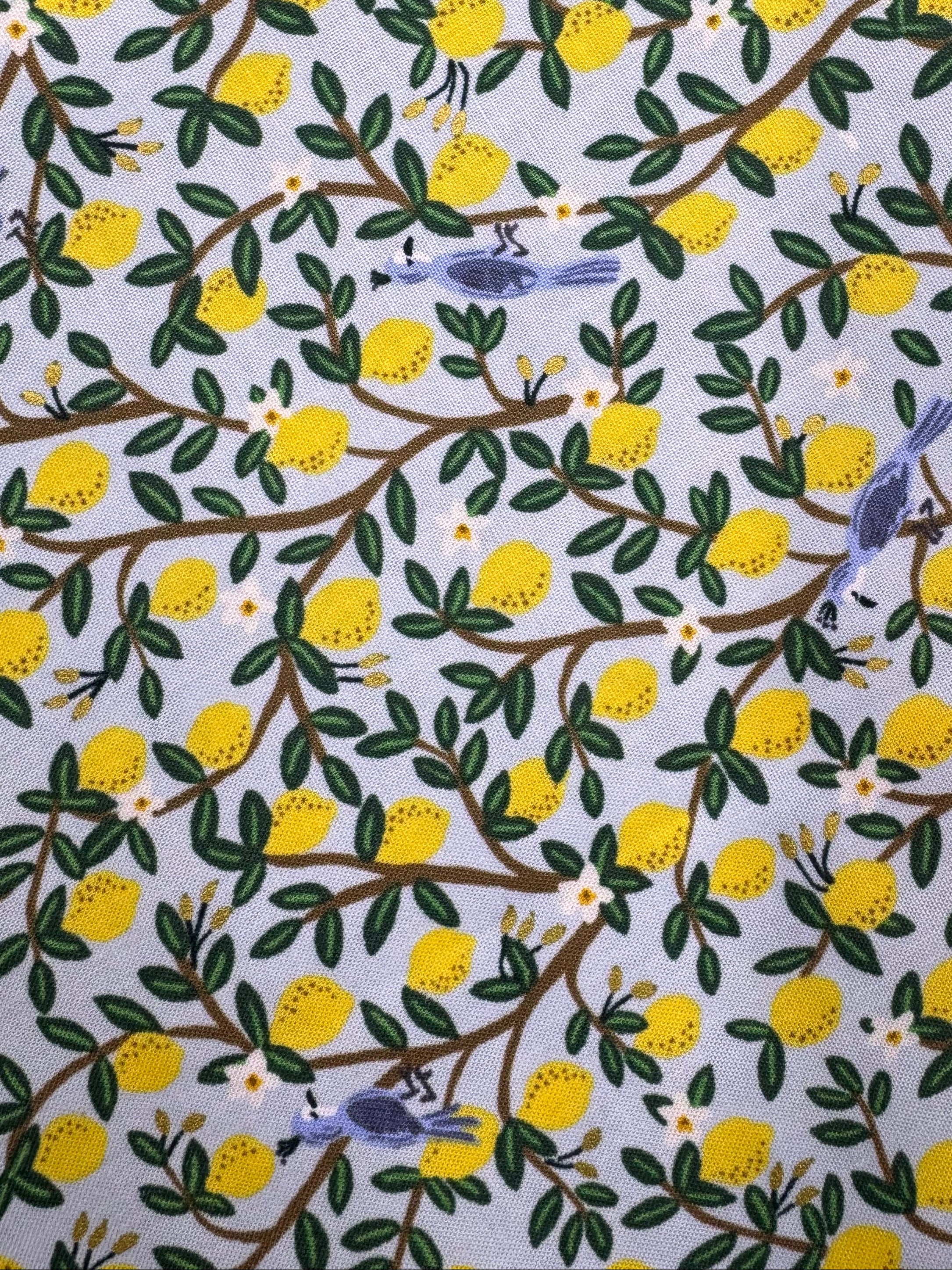 Fabric with lemon and bird pattern on a wooden surface
