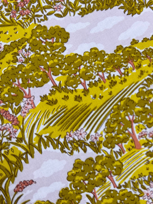 Floral patterned fabric on a wooden surface