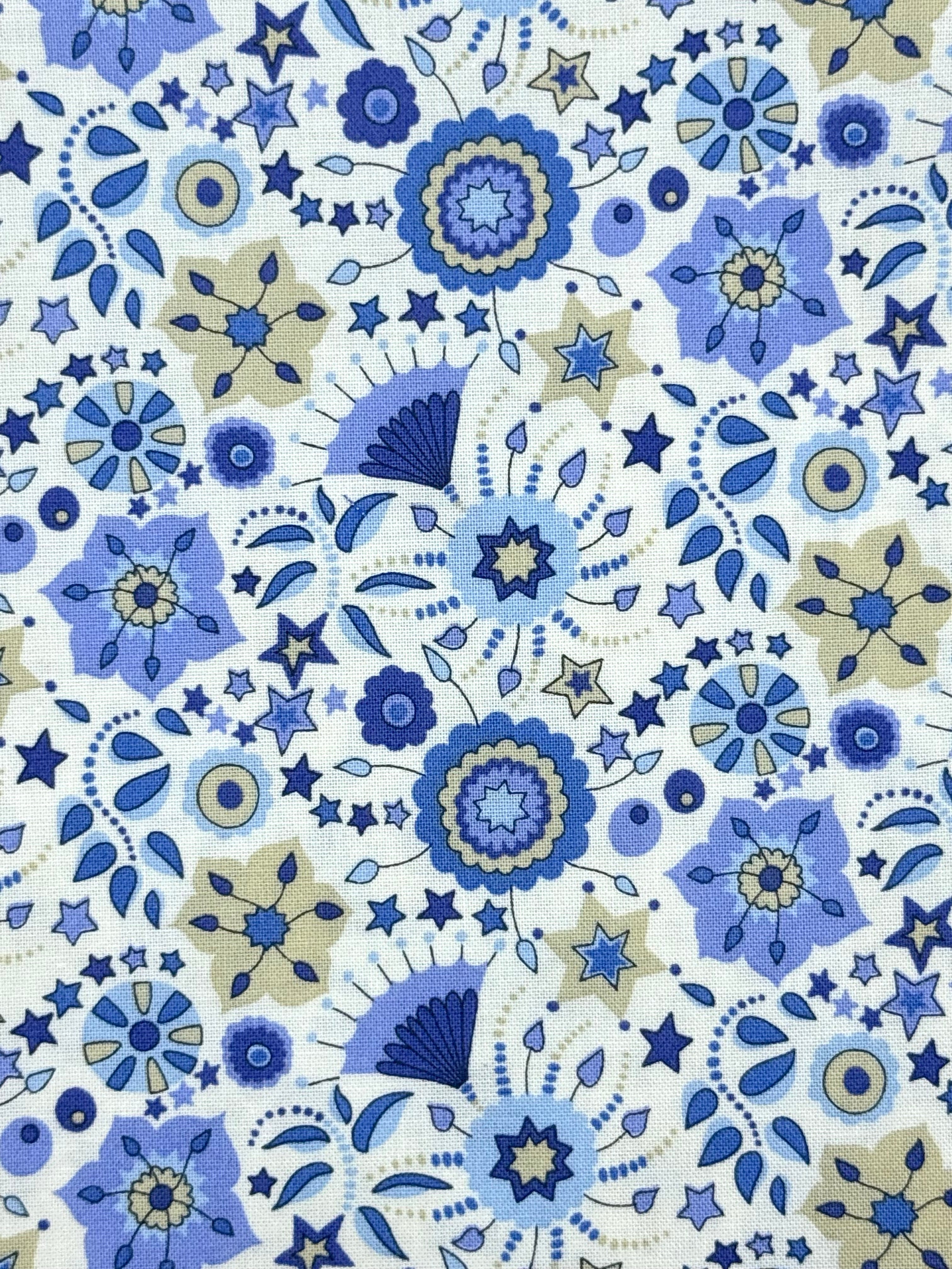 A close-up of a fabric or wallpaper pattern featuring a dense, repeating design of blue and navy floral motifs, stars, and abstract shapes on a white background.