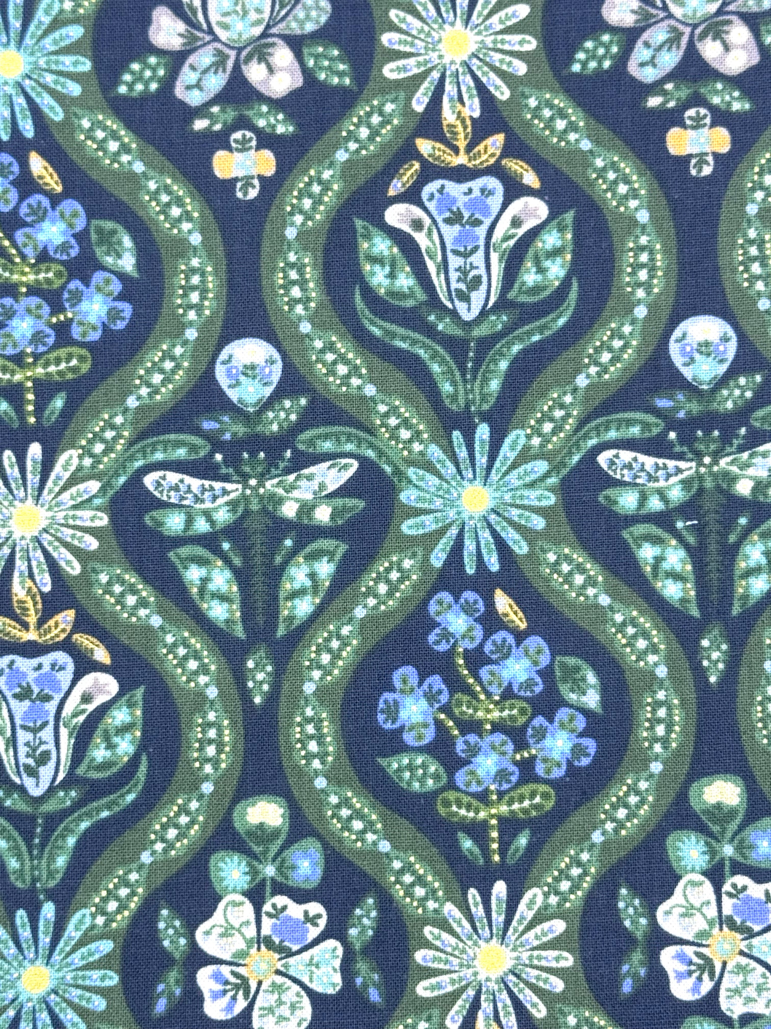 A close-up of a fabric pattern featuring a dark black background with repeating vertical wavy bands in olive green, decorated with stylized flowers, leaves, and small insects in light blue, white, and yellow.
