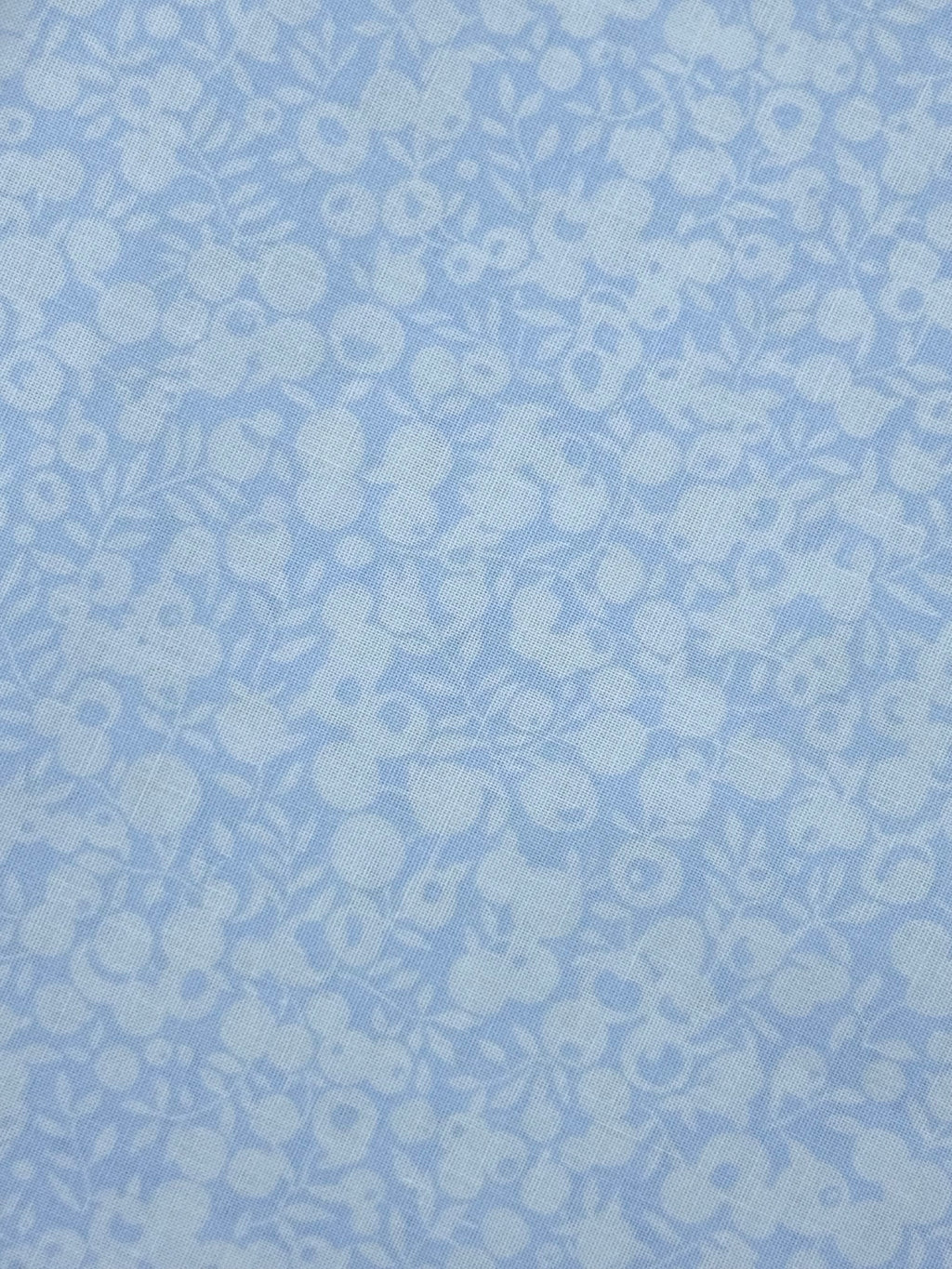 Light blue fabric with a repeating white floral and leaf pattern.