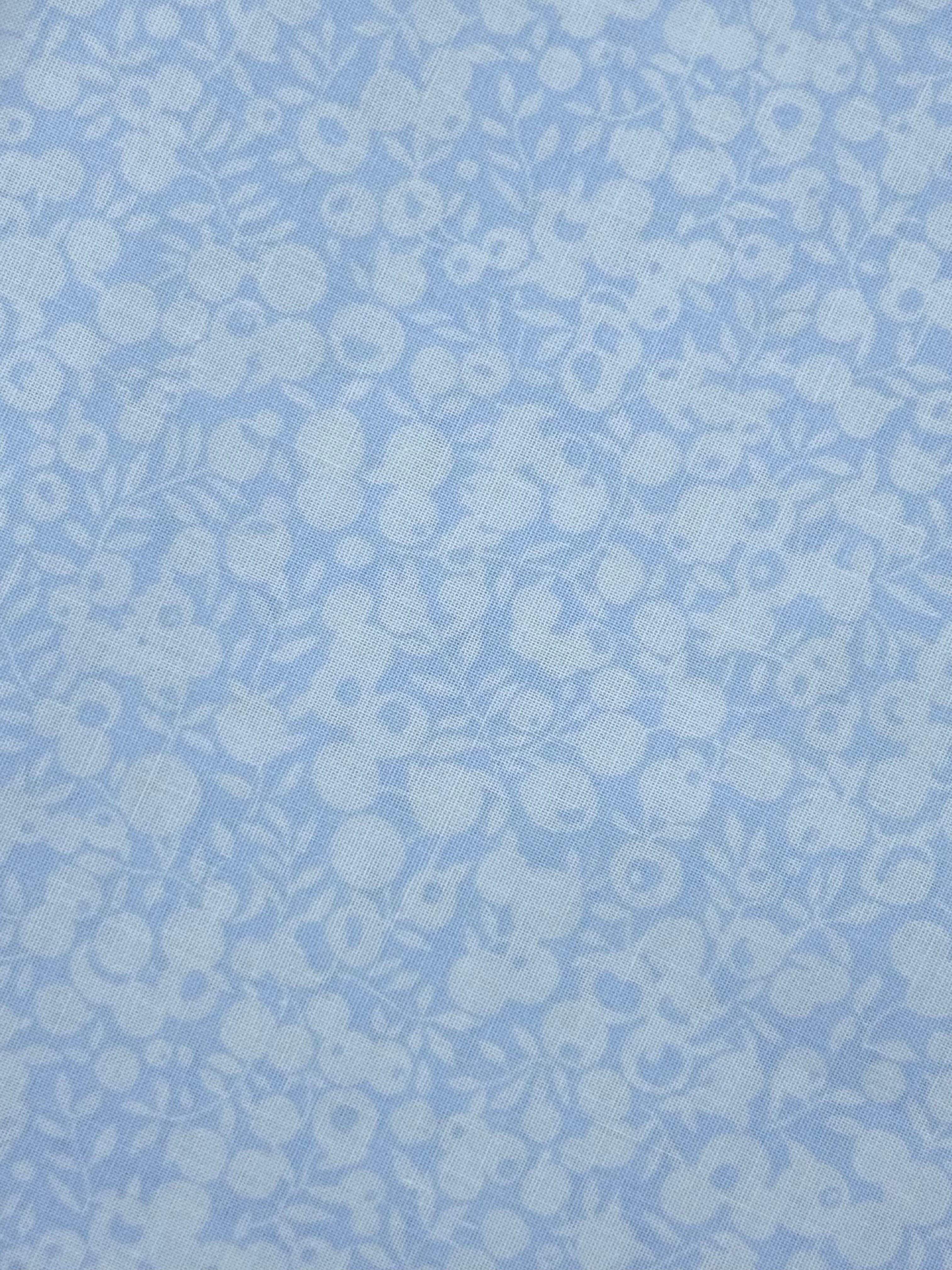 Light blue fabric with a repeating white floral and leaf pattern.