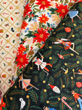 Three fabric swatches with festive patterns including poinsettias and holiday-themed designs.