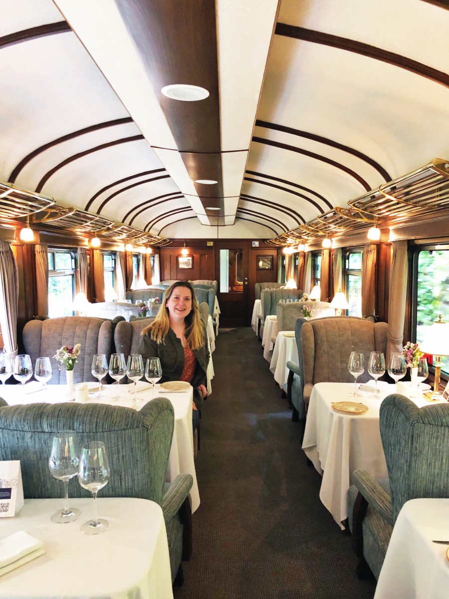 Girl in dining cart of Sacred Valley train to Machu Picchu