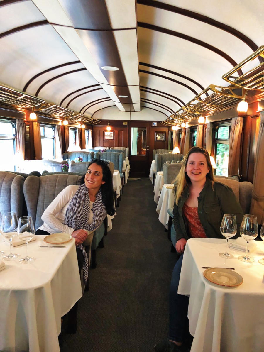 Girls sitting in dining room on train