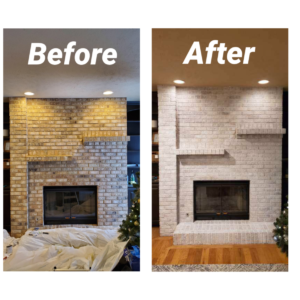 Before and after whitewashing a brick fireplace - Her Heartland Soul